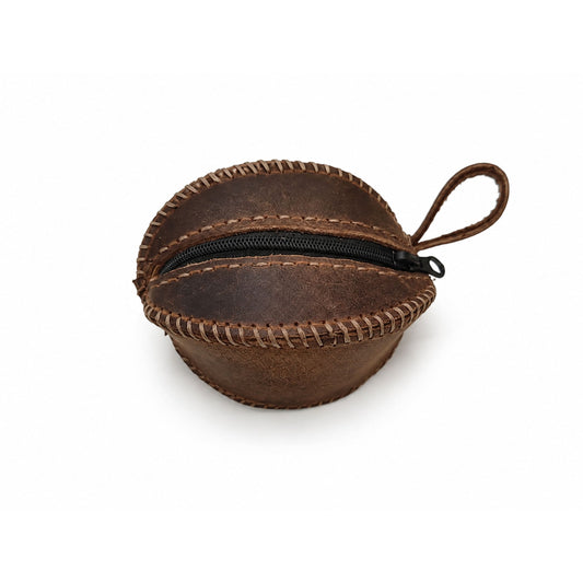 Round Coin Pouch for Adults – Brown Crazy Horse Leather Handmade Zipper – 6 cm