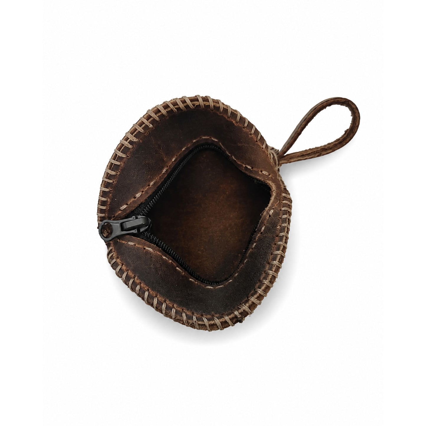 Round Coin Pouch for Adults – Brown Crazy Horse Leather Handmade Zipper – 6 cm