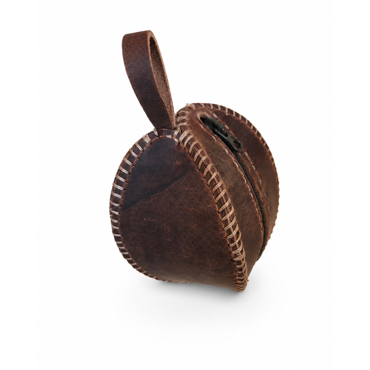 Round Coin Pouch for Adults – Brown Crazy Horse Leather Handmade Zipper – 6 cm