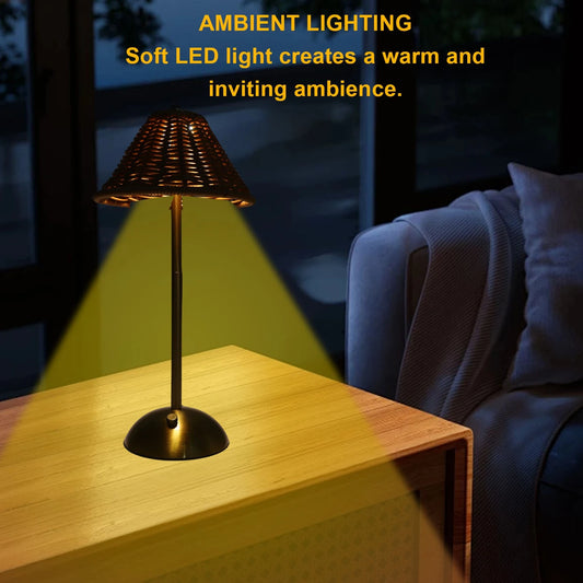 Rechargeable LED Bedside Lamp—Dimmable Eye-Care Reading Light, 600mAh Rattan Weave Design for Restaurant