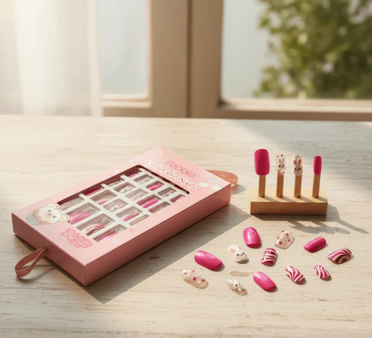 Febble Girls Cute Bunny Pink False Nails – أظافر أرانب وردية للبنات | 24 Pcs Pre-Glued Kids Nail Set
