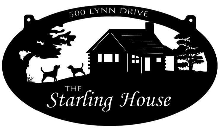 Metal Cabin Sign, Laser Cut Cabin Sign, Cabin On A Hill And 2 Dogs Sign