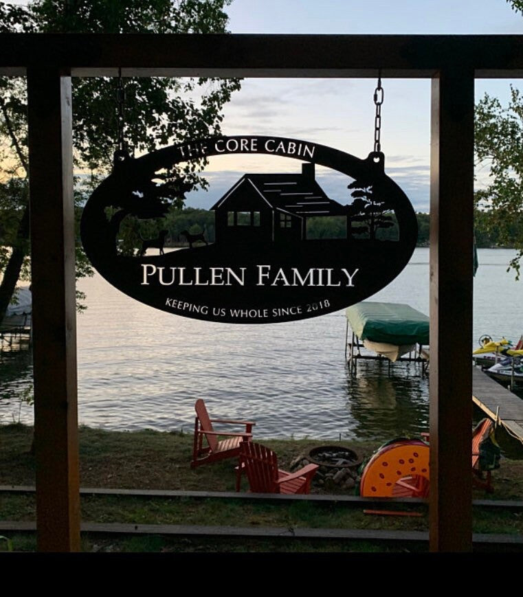 Metal Cabin Sign, Laser Cut Cabin Sign, Cabin On A Hill And 2 Dogs Sign