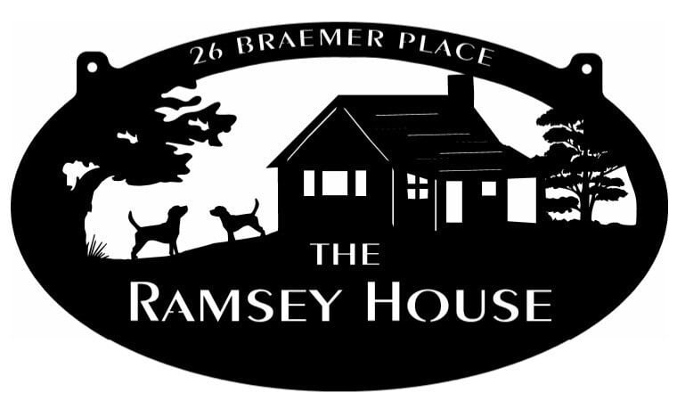 Metal Cabin Sign, Laser Cut Cabin Sign, Cabin On A Hill And 2 Dogs Sign