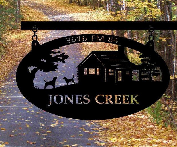Metal Cabin Sign, Laser Cut Cabin Sign, Cabin On A Hill And 2 Dogs Sign