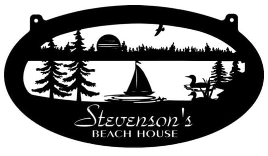 Metal Sailboat lake Sign , lake evergreen sailboat sign , lake sign customized with your name