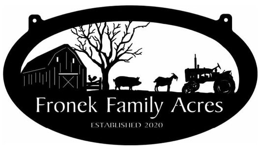 Metal FARM Sign with barn and goats pig chicken sign with your name