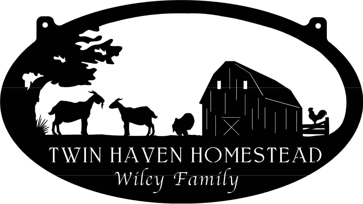 Metal FARM Sign with barn and goats pig chicken sign with your name