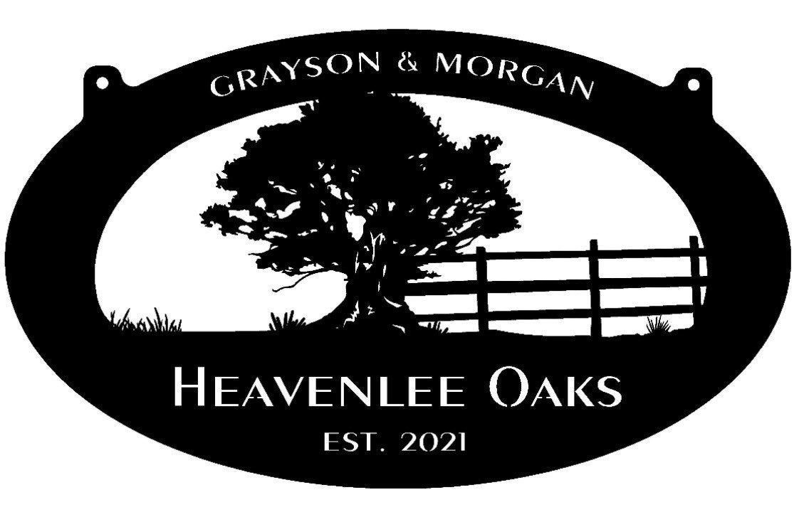 Large Metal Sign with trees and wooden fence customized with your name