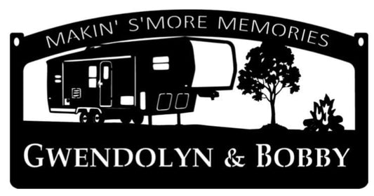 Metal 5th Wheel camper sign with campfire and camper