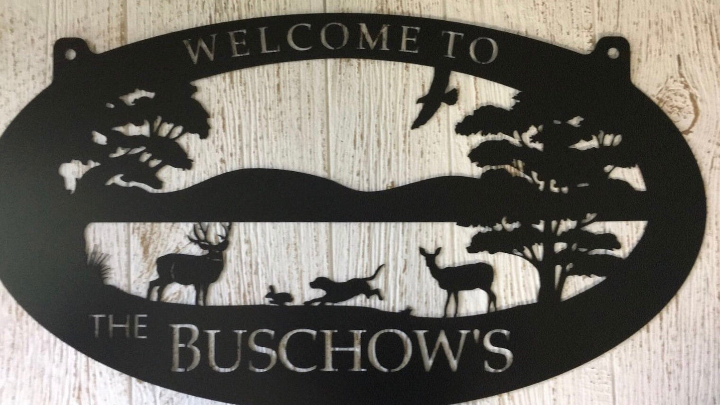 Metal Sign With Buck, Doe, Beagle and Rabit Scene Customized With Your Name