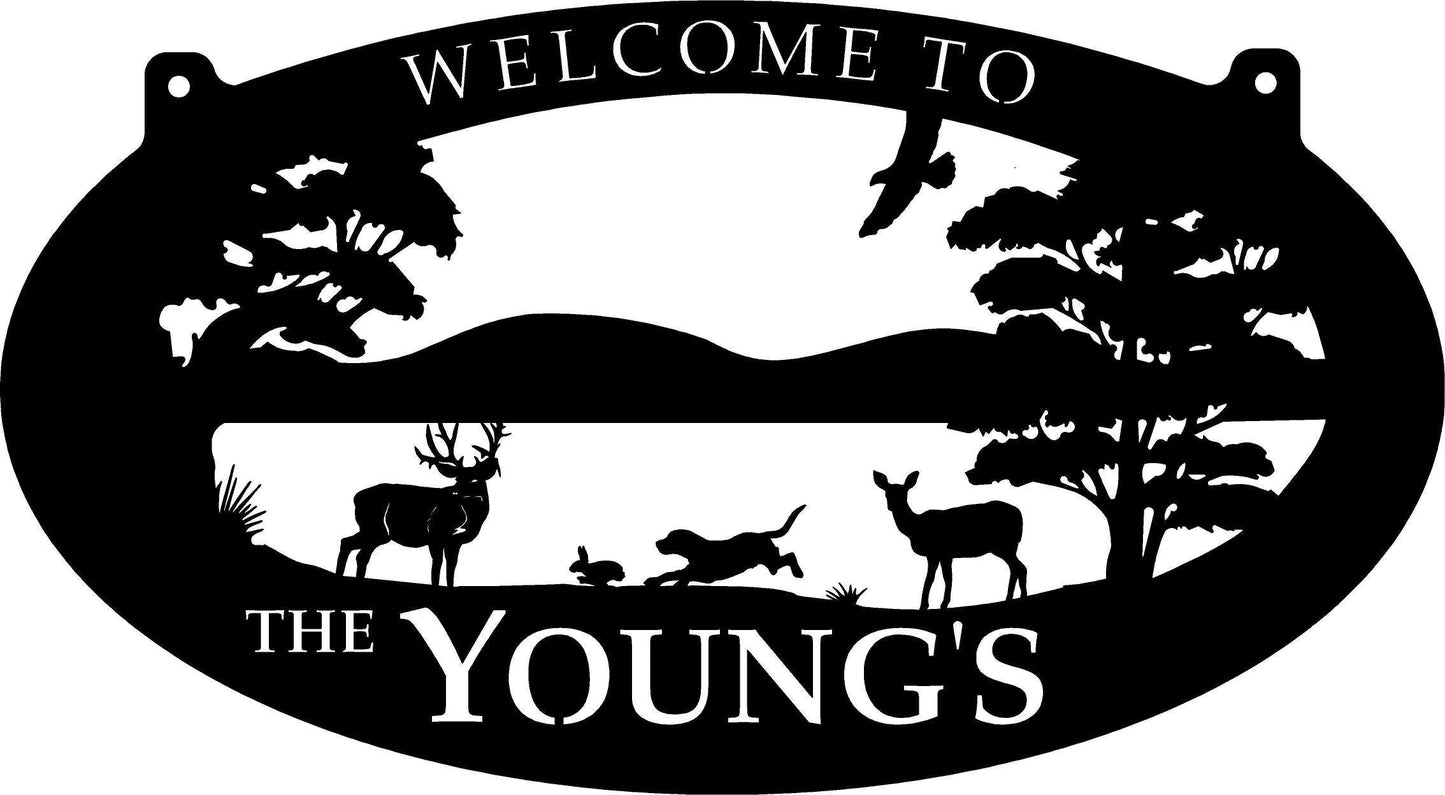 Metal Sign With Buck, Doe, Beagle and Rabit Scene Customized With Your Name