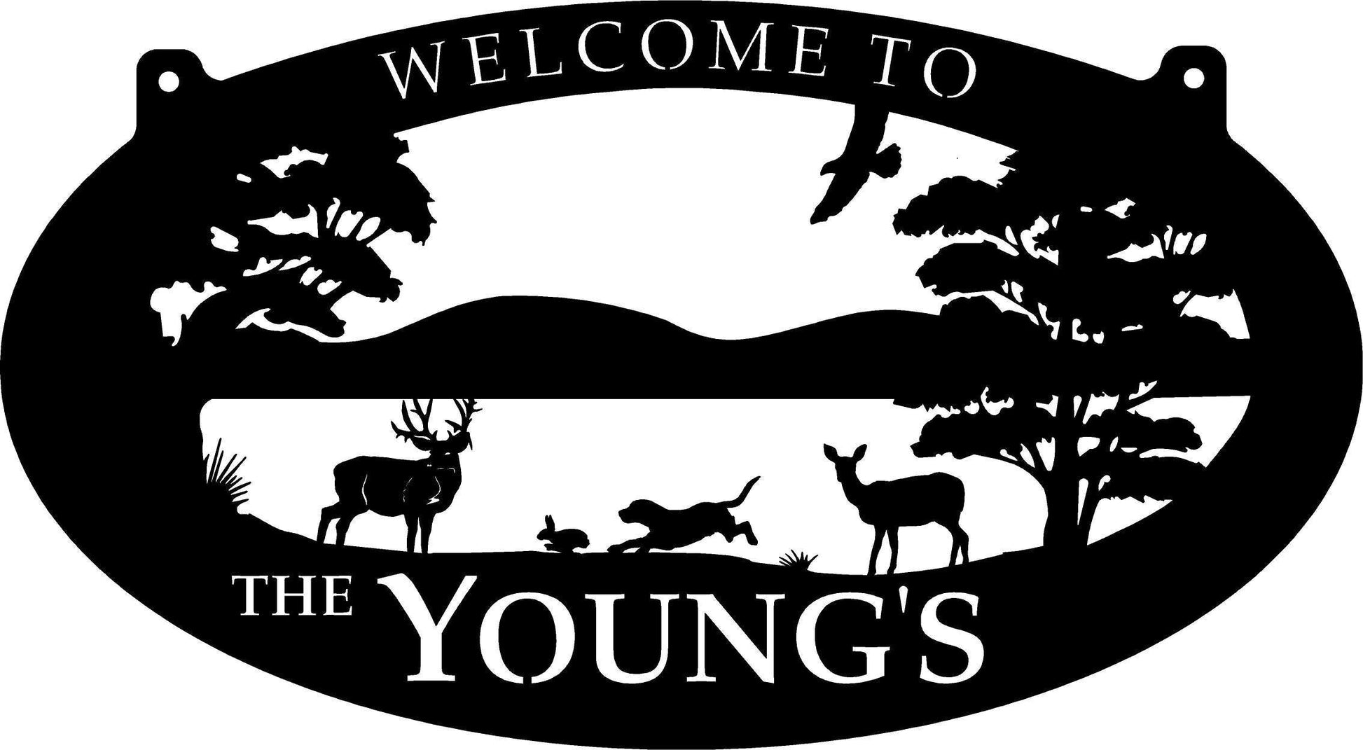 Metal Sign With Buck, Doe, Beagle and Rabit Scene Customized With Your Name
