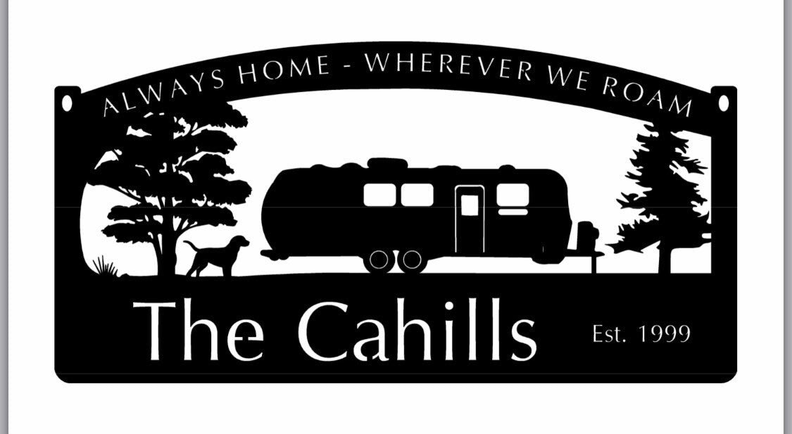 Metal Airstream camper sign with dog and camper