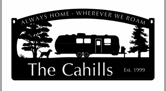 Metal Airstream camper sign with dog and camper