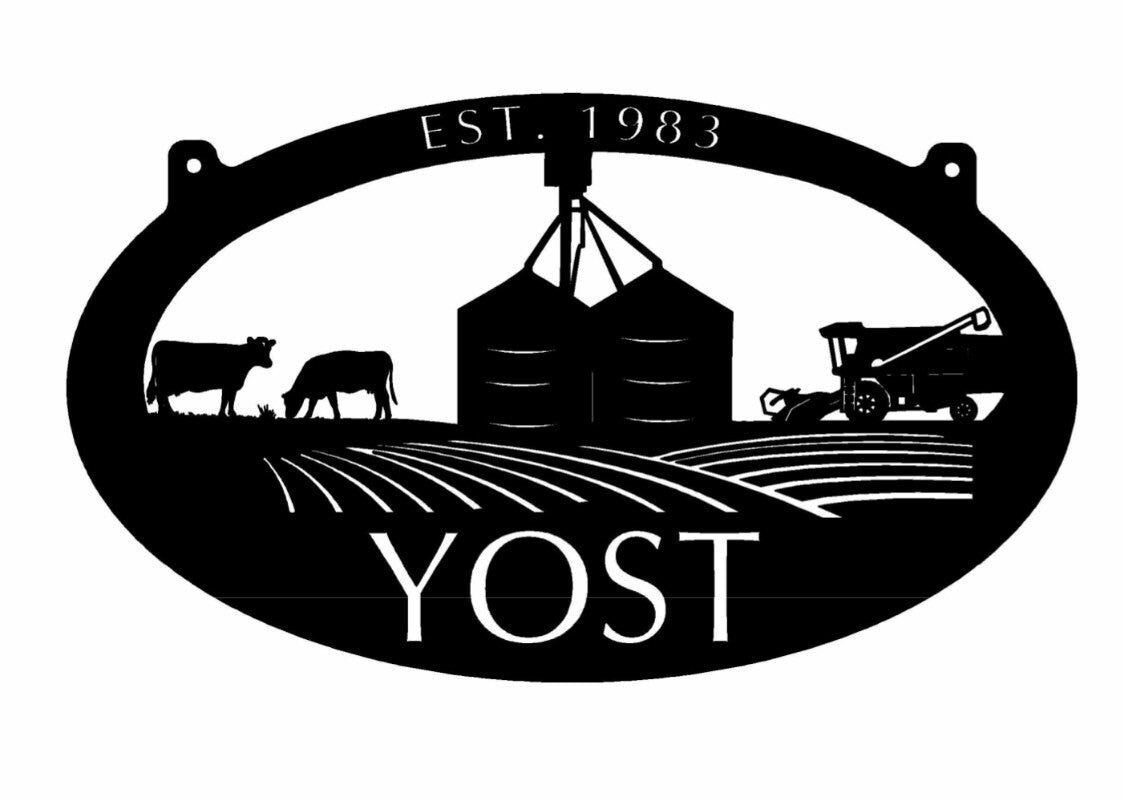 Metal farm sign with GRAIN BINs COMBINE CATTLE sign