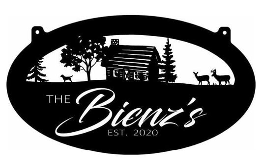 Metal Log Cabin sign , deer cabin scene , 3 ft metal SIGN with CABIN and Deer