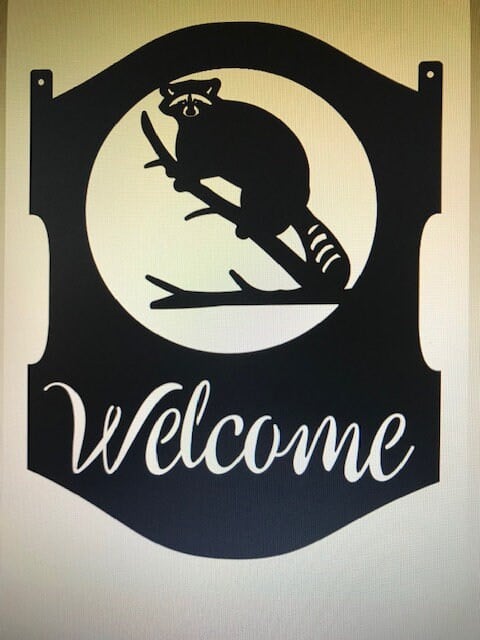 Metal RACCOON sign , Coon on a limb, welcome sign
