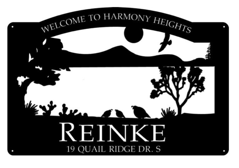 Metal address sign with Quail, pine trees or Cactus MOUNTAIN Quail sign desert sign