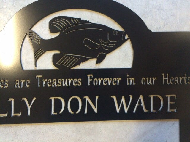 Metal FISH in memory sign on stakes