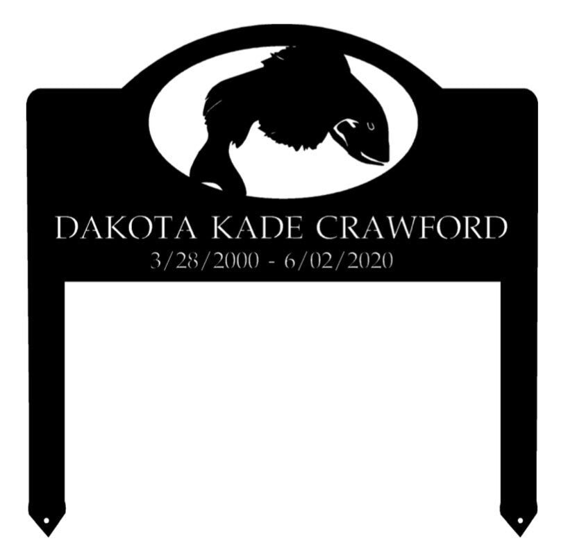 Metal FISH in memory sign on stakes