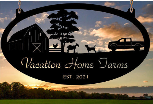 Metal FARM Sign with Fence and chicken, Goat and pickup