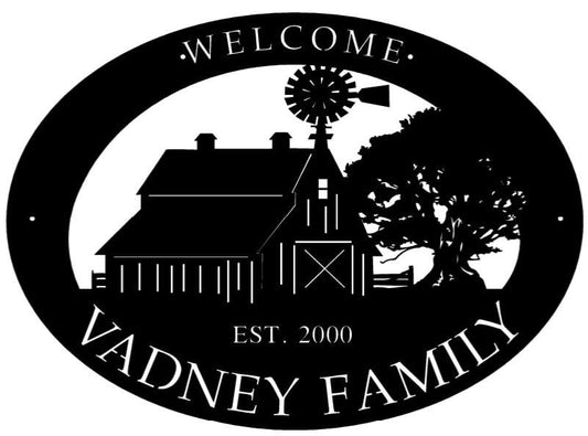 Metal barn sign with BARN WINDMILL silhouette in oval