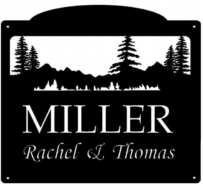 Metal mountain evergreen sign with evergreen mountain silhouette