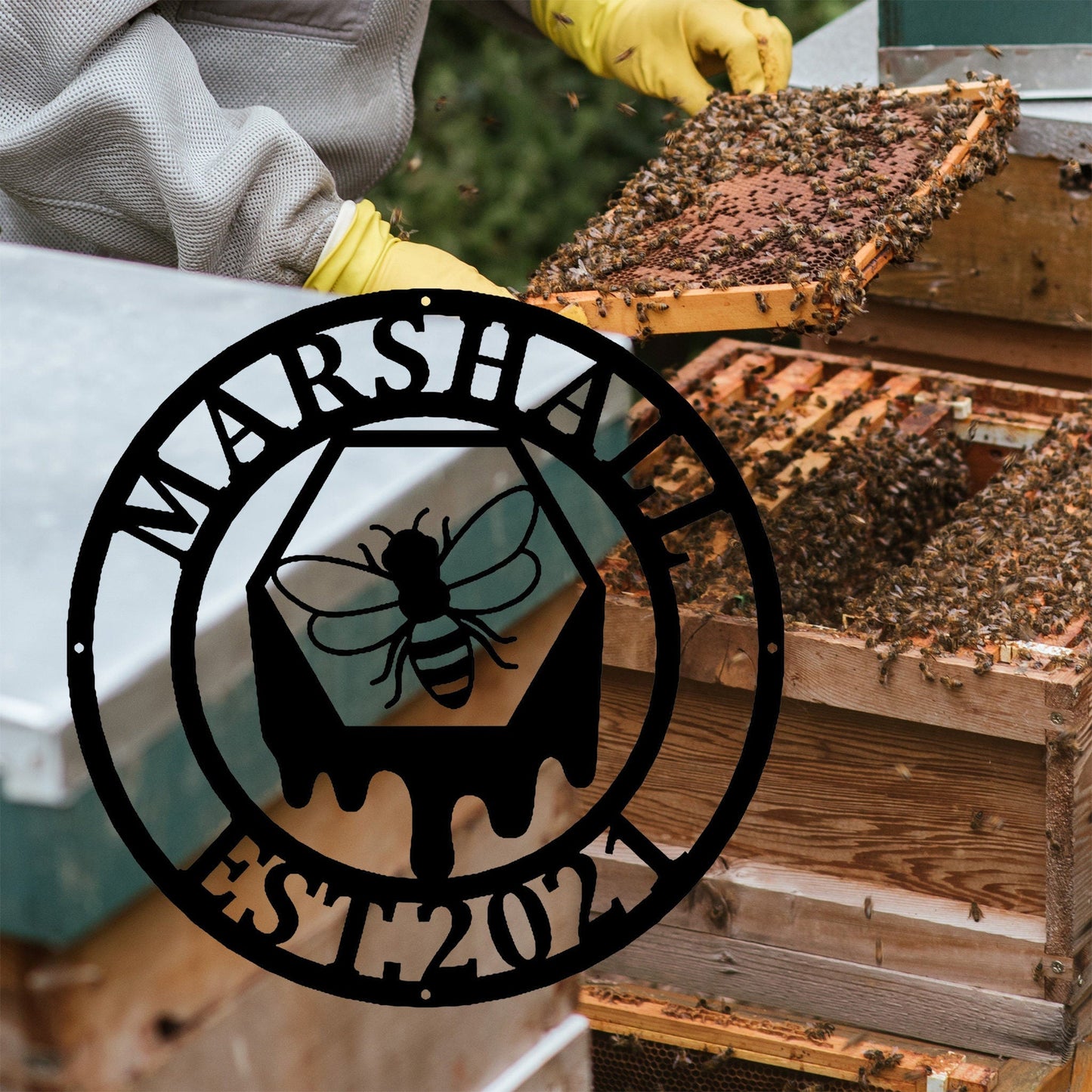 Personalized Bee Garden Hanging Sign, Personalized Garden Bee Metal Yard Art Sign, Outdoor Sign, Metal Garden Sign, Honey Bee Sign