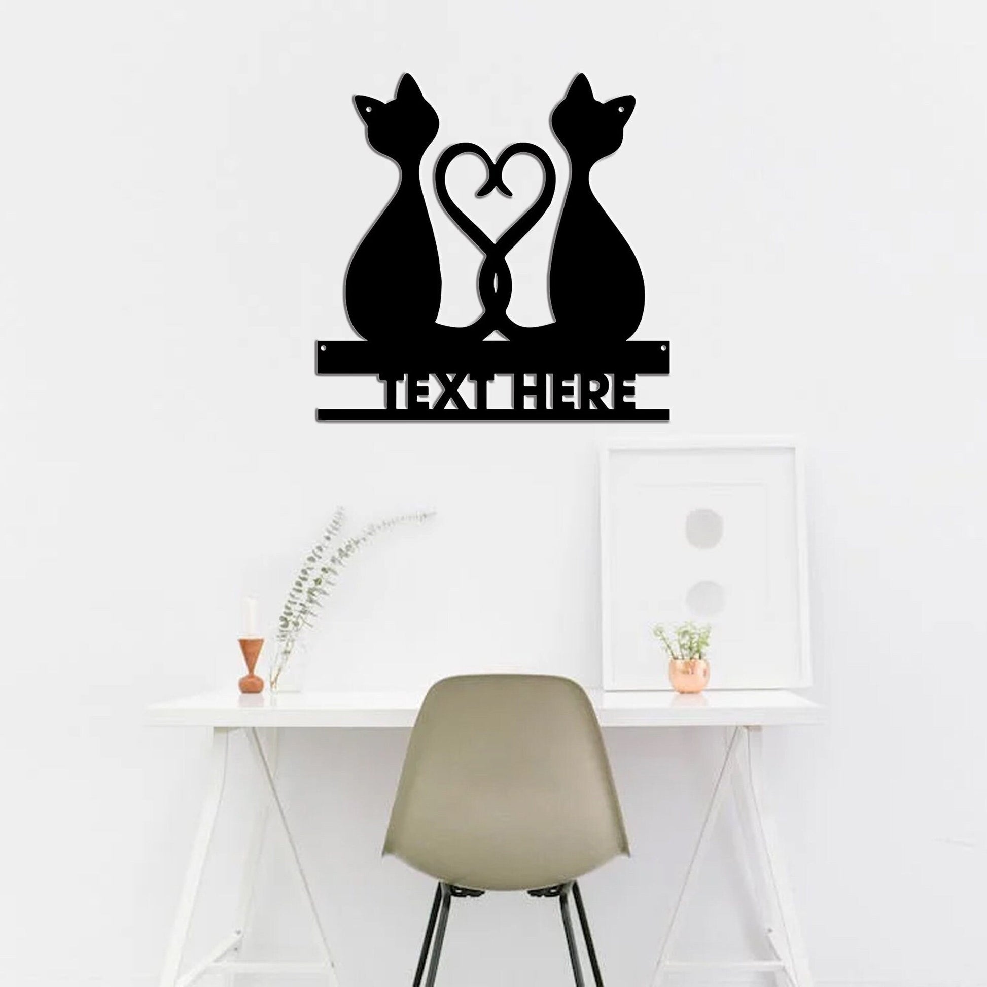 Personalized black cat metal sign/heart-shaped metal sign/retro couple cat wall hanging/anniversary decor/custom surname metal sign/led sign