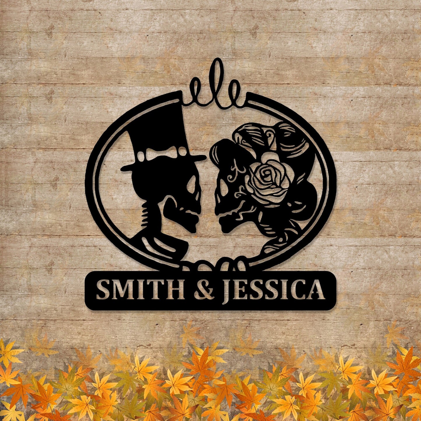 Customized Name Text Sign Skeleton Bride and Groom Metal Wall Art,Personalized Metal Wall Art Gift for Anniversary, Halloween Gothic Decor