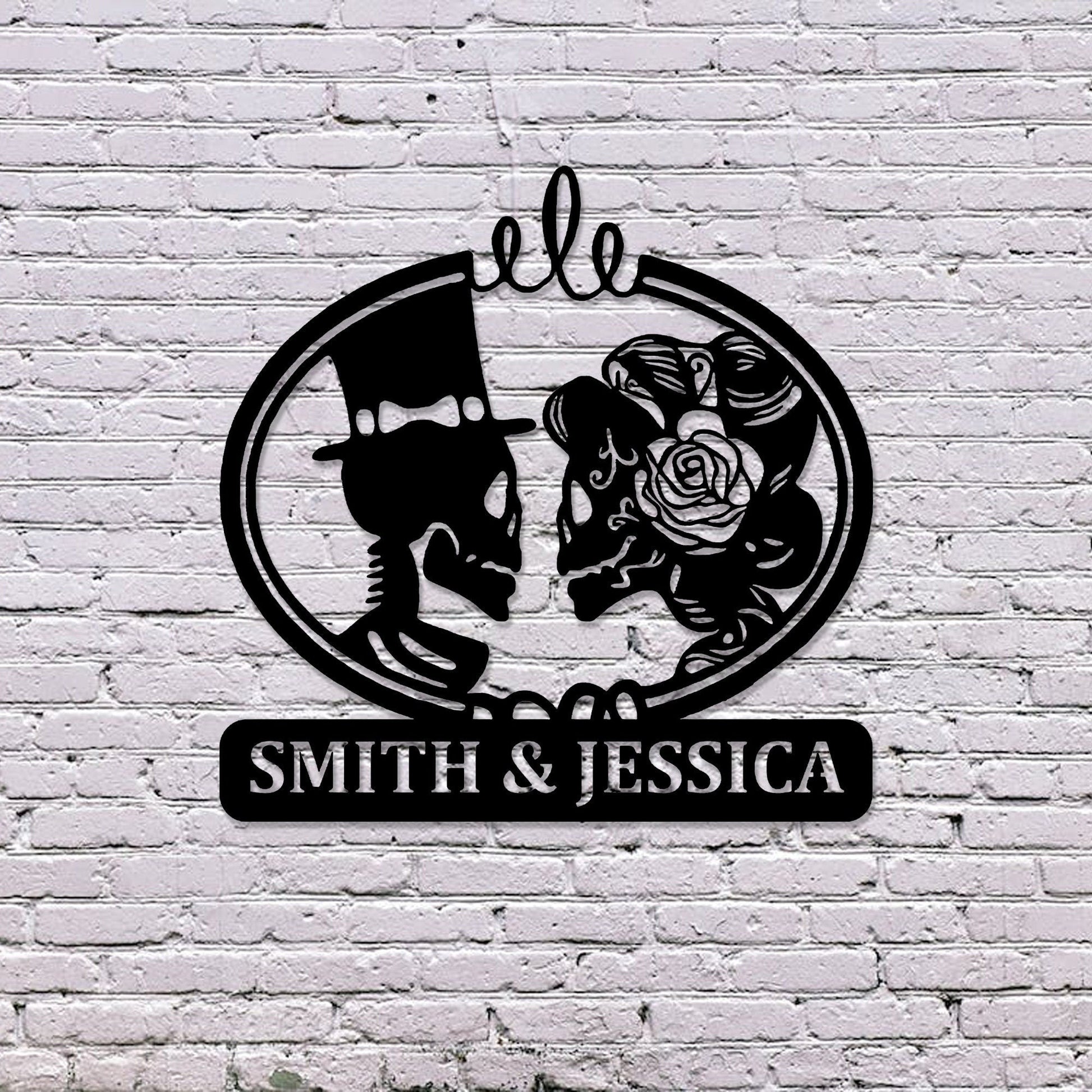Customized Name Text Sign Skeleton Bride and Groom Metal Wall Art,Personalized Metal Wall Art Gift for Anniversary, Halloween Gothic Decor