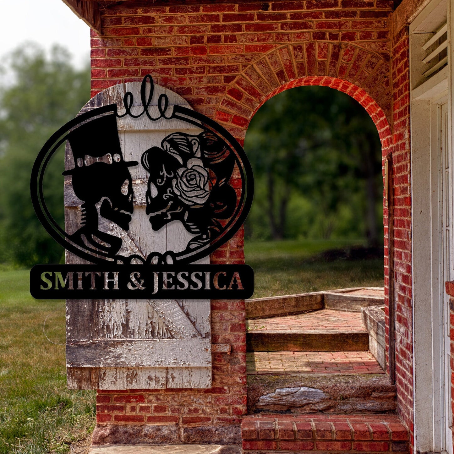 Customized Name Text Sign Skeleton Bride and Groom Metal Wall Art,Personalized Metal Wall Art Gift for Anniversary, Halloween Gothic Decor