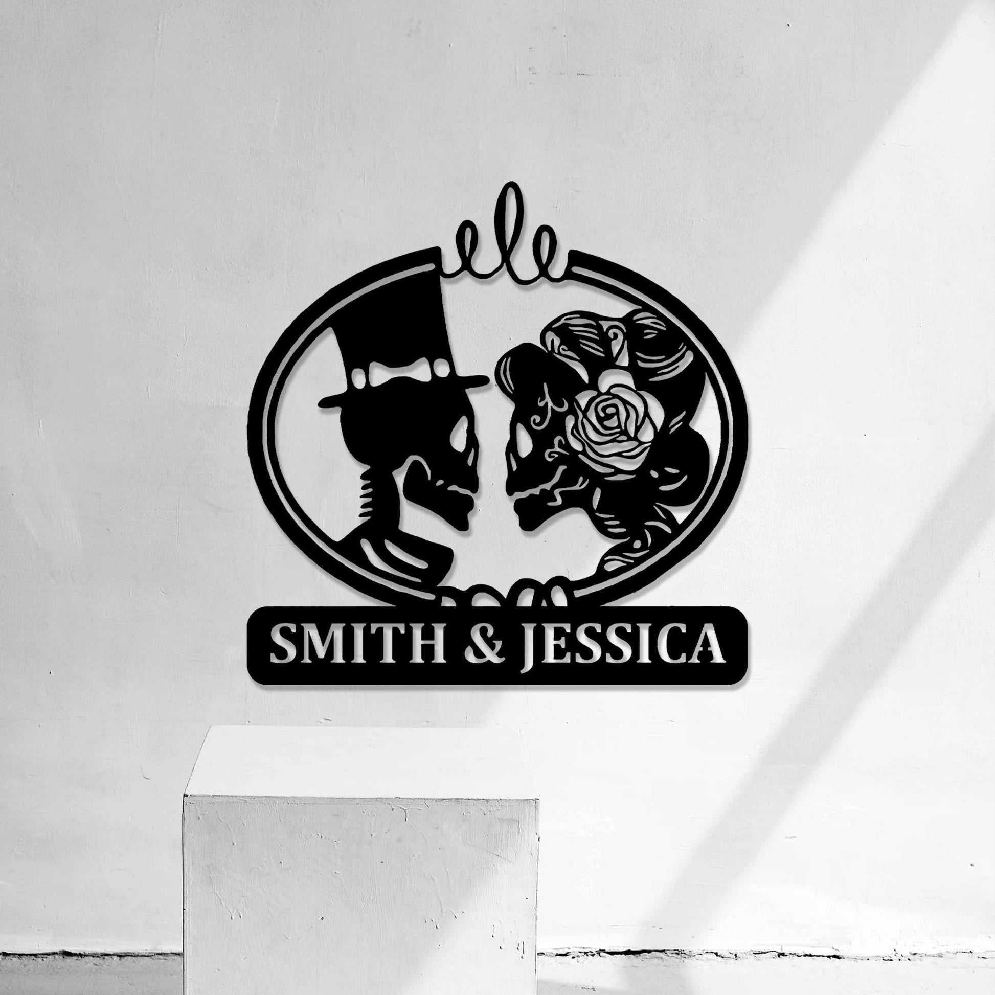 Customized Name Text Sign Skeleton Bride and Groom Metal Wall Art,Personalized Metal Wall Art Gift for Anniversary, Halloween Gothic Decor