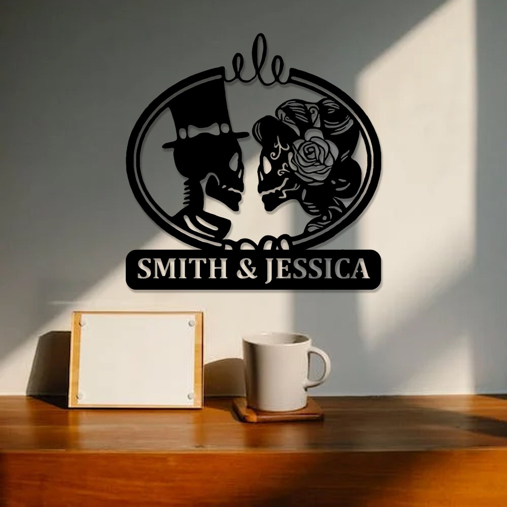 Customized Name Text Sign Skeleton Bride and Groom Metal Wall Art,Personalized Metal Wall Art Gift for Anniversary, Halloween Gothic Decor