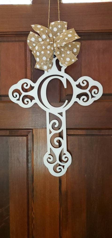 Monogram Scroll Cross Metal Door Hanger, Personalized Cross Door Hanger, Custom Cross Door Hanger, Personalized Door Hanger, Housewarming
