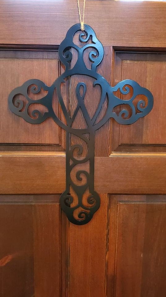 Monogram Scroll Cross Metal Door Hanger, Personalized Cross Door Hanger, Custom Cross Door Hanger, Personalized Door Hanger, Housewarming