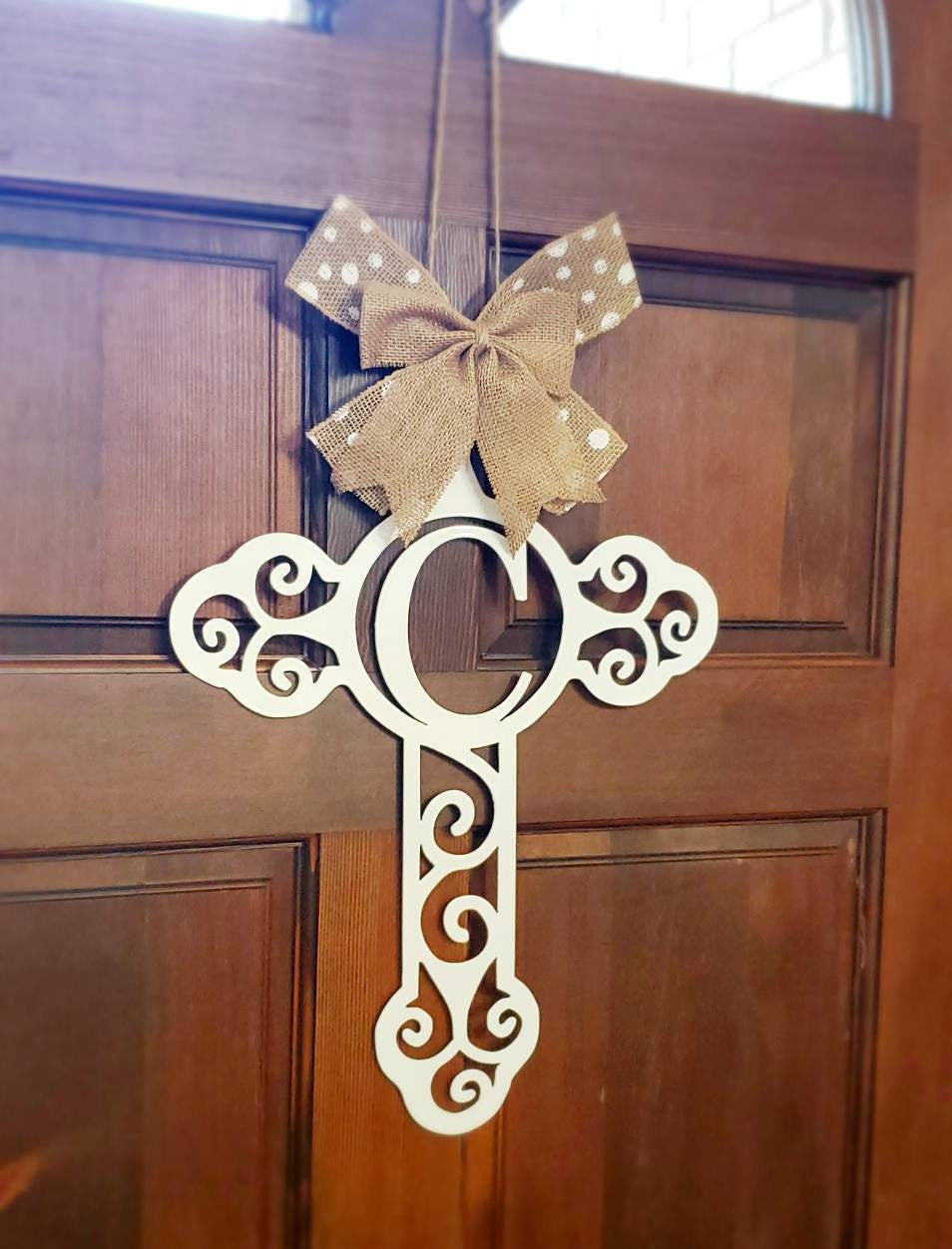 Monogram Scroll Cross Metal Door Hanger, Personalized Cross Door Hanger, Custom Cross Door Hanger, Personalized Door Hanger, Housewarming