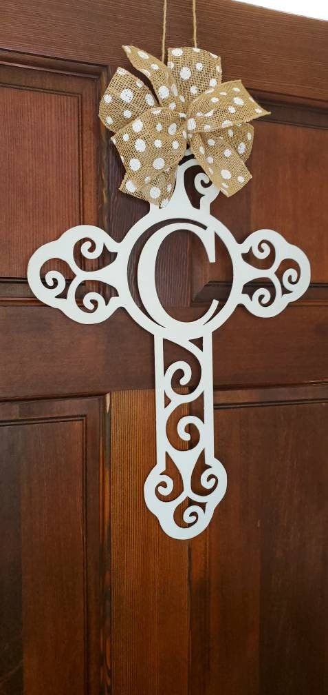 Monogram Scroll Cross Metal Door Hanger, Personalized Cross Door Hanger, Custom Cross Door Hanger, Personalized Door Hanger, Housewarming