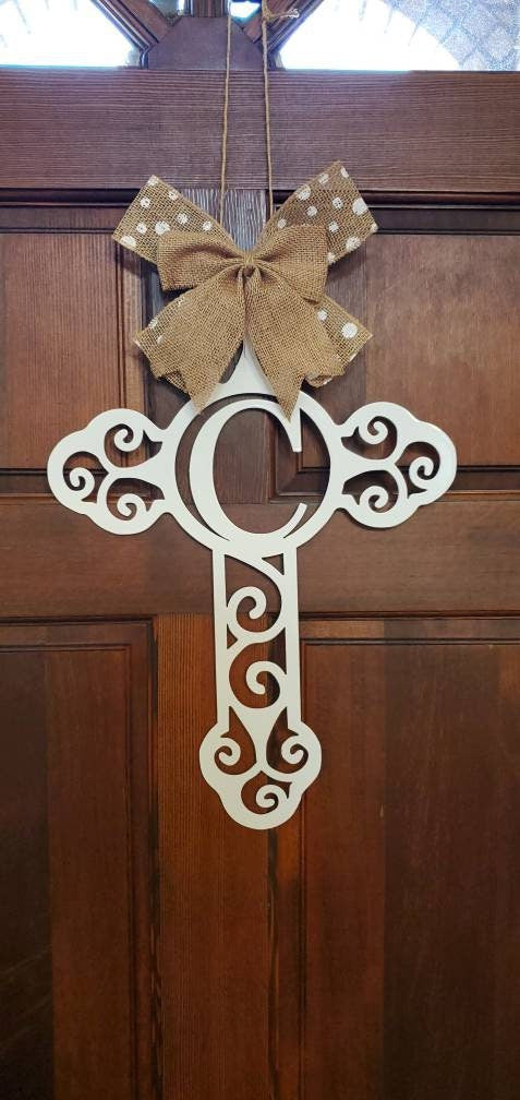 Monogram Scroll Cross Metal Door Hanger, Personalized Cross Door Hanger, Custom Cross Door Hanger, Personalized Door Hanger, Housewarming
