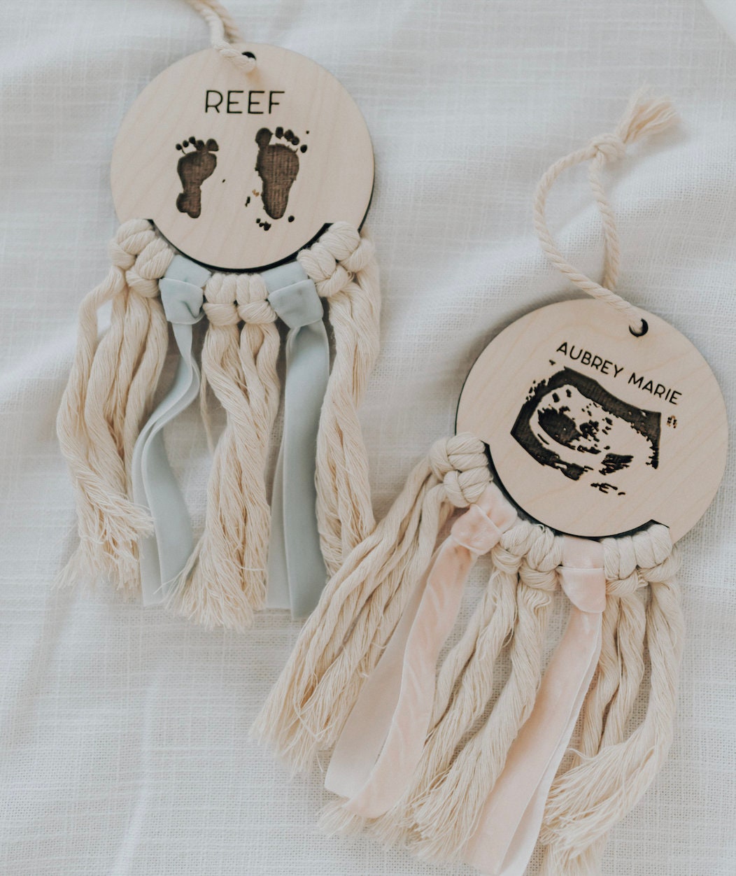 personalized baby footprints sign | footprints ornament | footprint keepsake | engraved macrame sign | gift for mom