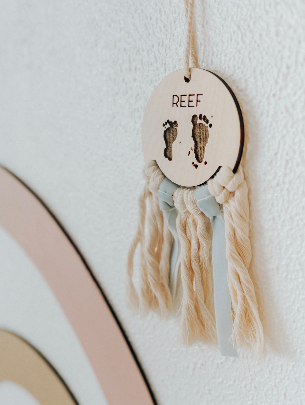 personalized baby footprints sign | footprints ornament | footprint keepsake | engraved macrame sign | gift for mom