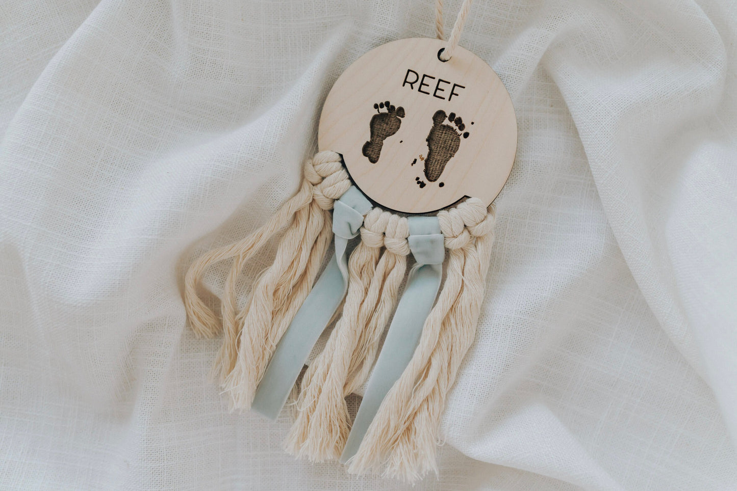 personalized baby footprints sign | footprints ornament | footprint keepsake | engraved macrame sign | gift for mom