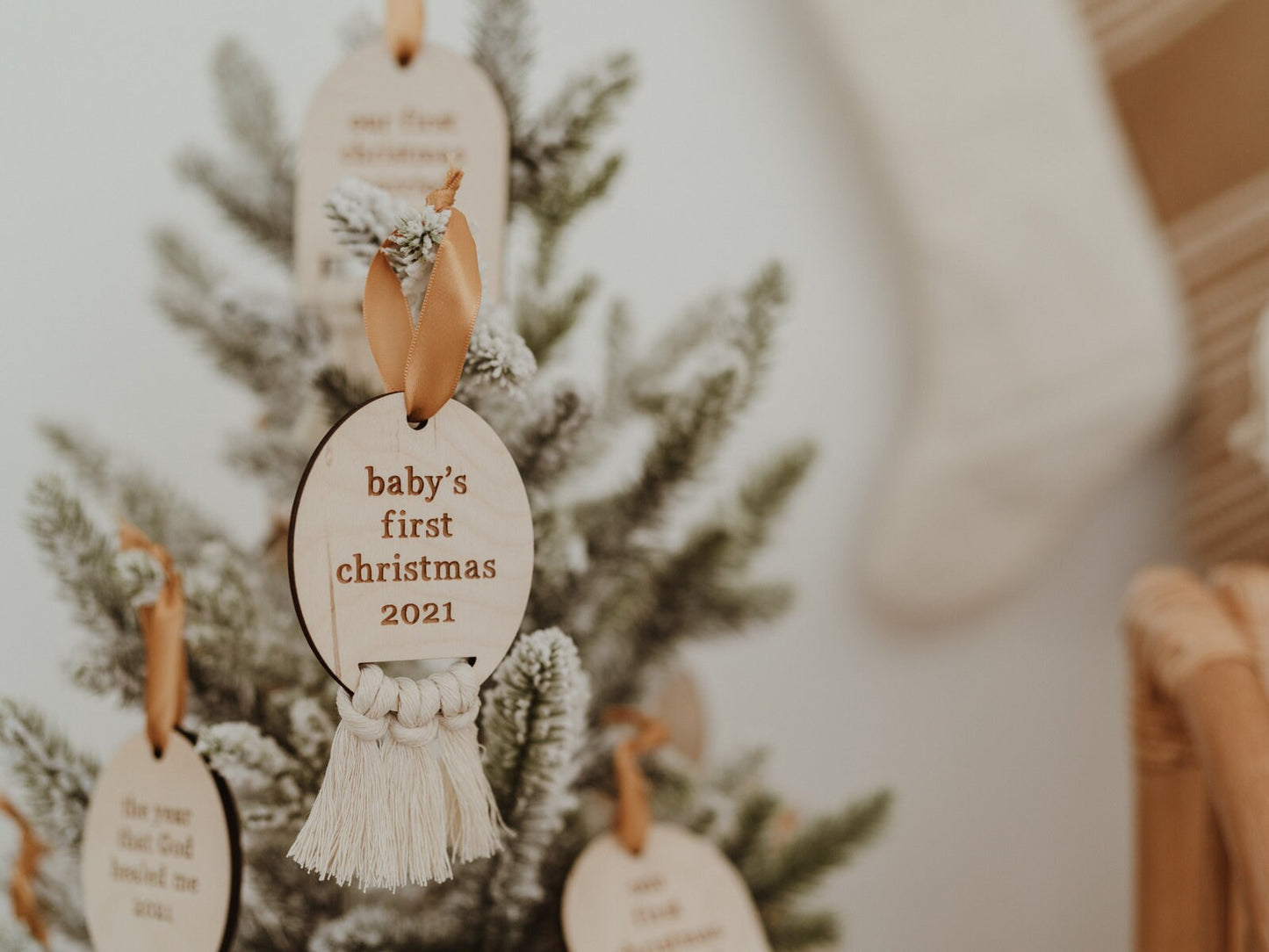 Baby's First Christmas Ornament, Baby's first christmas, first christmas ornament, macrame christmas ornament, engraved wooden ornament