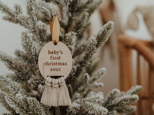 Baby's First Christmas Ornament, Baby's first christmas, first christmas ornament, macrame christmas ornament, engraved wooden ornament