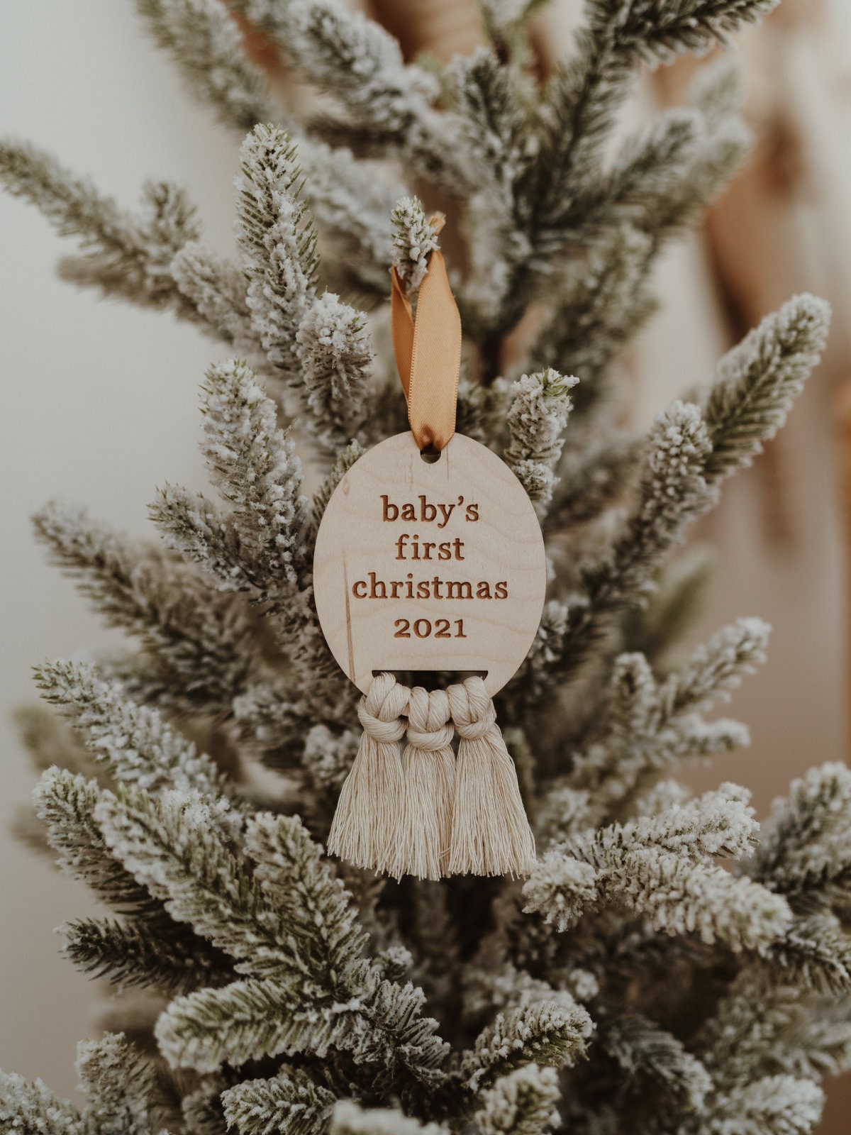 Baby's First Christmas Ornament, Baby's first christmas, first christmas ornament, macrame christmas ornament, engraved wooden ornament