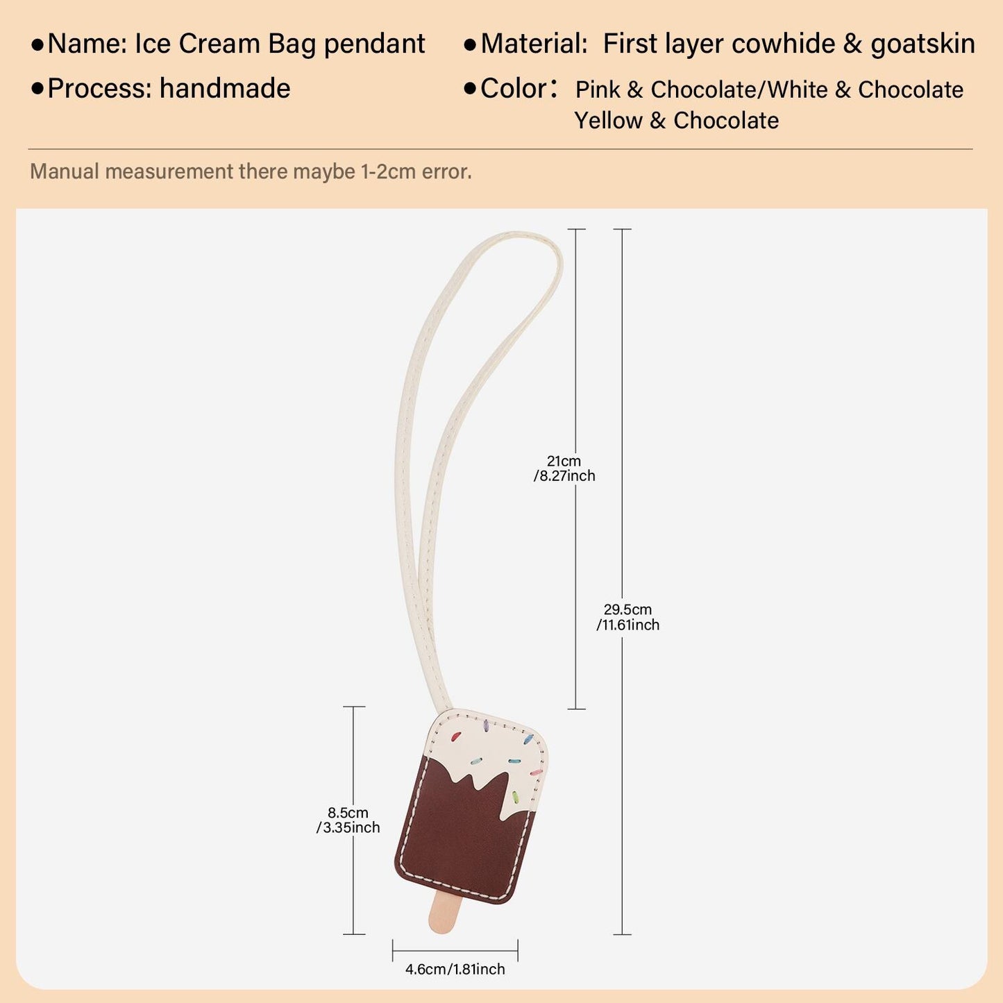 Bag Charms Ice Cream Keychain Leather Handmade Genuine Goatskin Birthday Christmas Gifts For Her/Him/Friends/colleagues