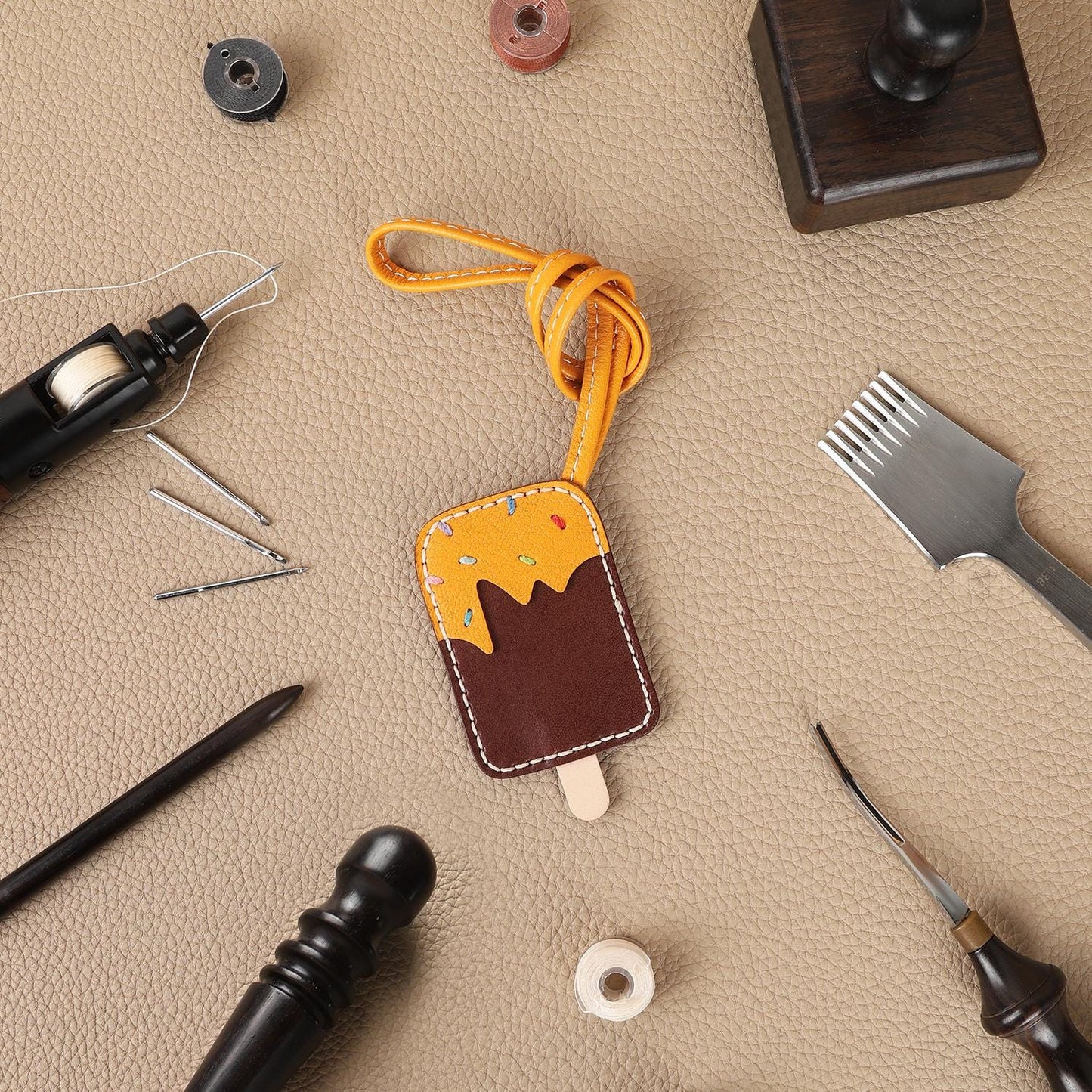 Bag Charms Ice Cream Keychain Leather Handmade Genuine Goatskin Birthday Christmas Gifts For Her/Him/Friends/colleagues