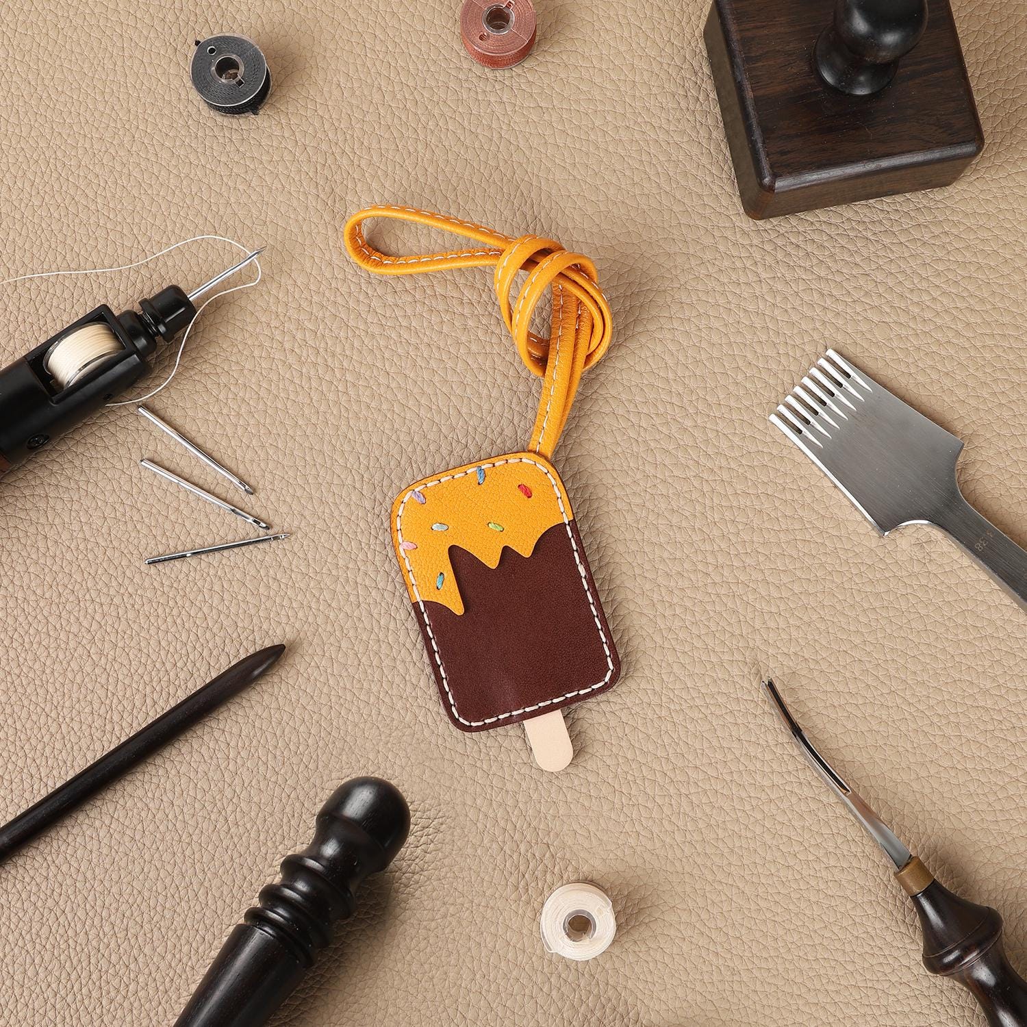 Bag Charms Ice Cream Keychain Leather Handmade Genuine Goatskin Birthday Christmas Gifts For Her/Him/Friends/colleagues