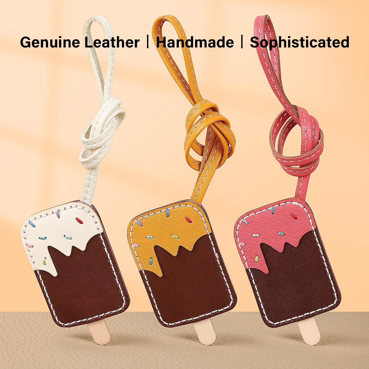Bag Charms Ice Cream Keychain Leather Handmade Genuine Goatskin Birthday Christmas Gifts For Her/Him/Friends/colleagues